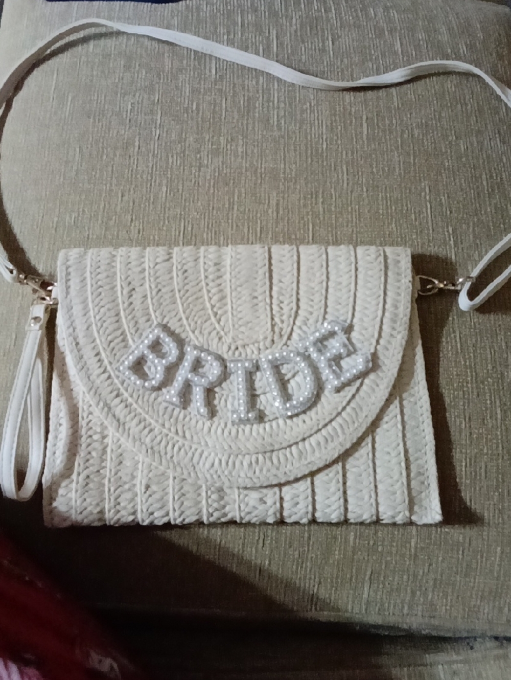 Cream Woven 'BRIDE' Pearl-Accent Crossbody Bag